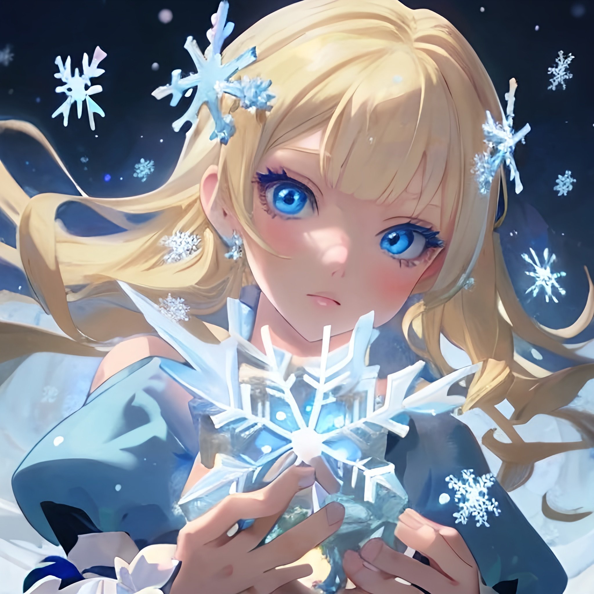 Premium Photo | Anime girl in a blue dress standing in front of a snowflake  wall generative ai