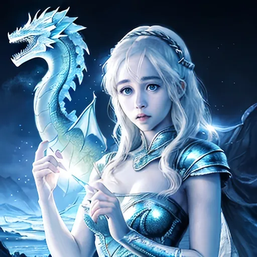 Prompt: Daenerys Targryen with a sparkling crystal ice dragon, photorealistic, fantasy, cool colours, Beautiful, light dust Anime style