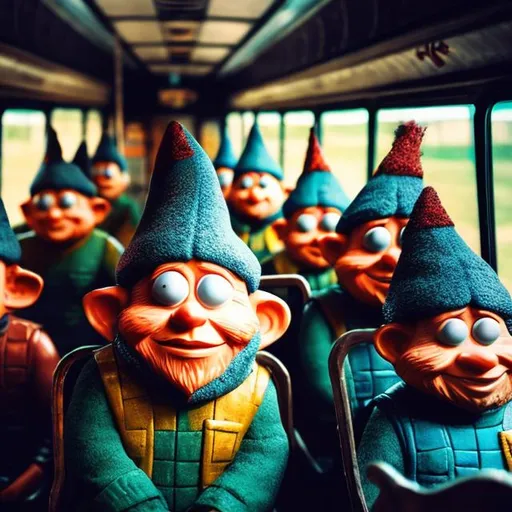 Prompt: Several gonks gnomes sitting in a bus