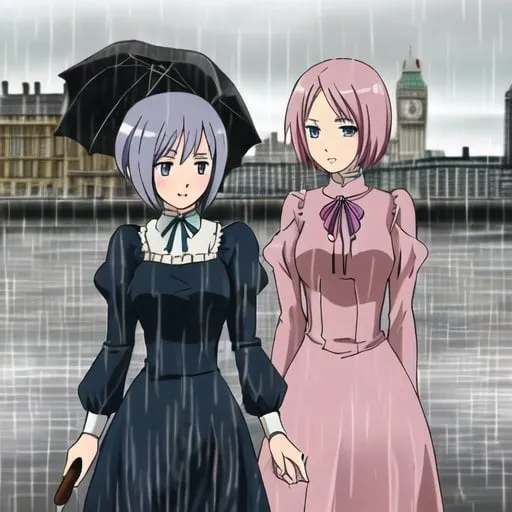 Prompt: Coloured pencil drawing. Two woman friends, anime girls, in London England, 30s, under the rain, different colour hair and different colour dresses, Victorian, inspiring, nostalgic, brush strokes, muted colors, textured canvas