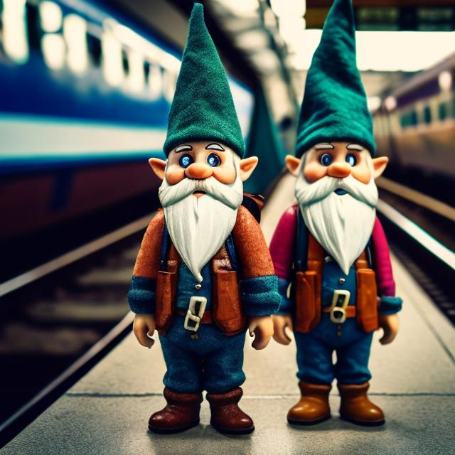 Prompt: Bearded gnomes waiting for a train at a train station