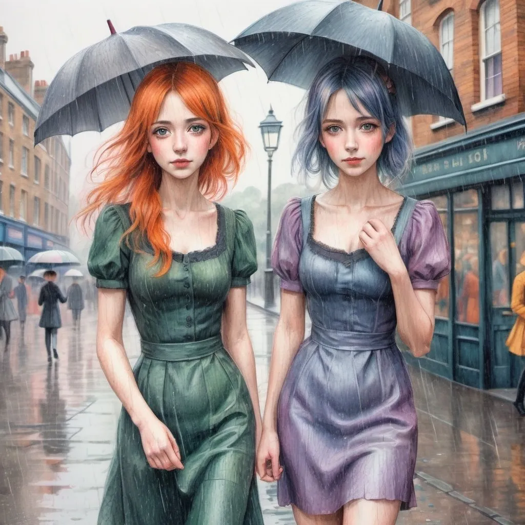 Prompt: Coloured pencil drawing. Two woman friends, anime girls, in London England, 30s, under the rain, different colour hair and different colour dresses, Victorian, inspiring, nostalgic, brush strokes, muted colors, textured canvas