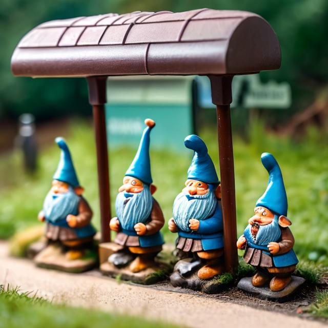 Prompt: Several gonks gnomes waiting for the bus under a wooden bus shelter by the woods and a lane 