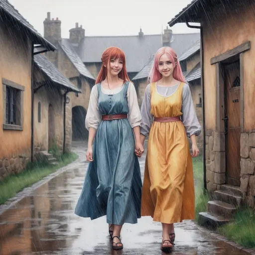 Prompt: Coloured pencil drawing. Two woman friends, anime girls, in Medieval village, 20s, under the rain, different colour hair and different colour dresses, inspiring, nostalgic, brush strokes, muted colors, textured canvas