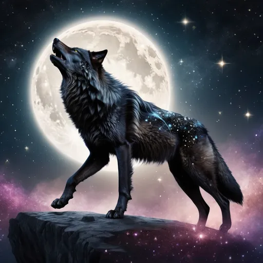 Prompt: Giant black wolf of the cosmos, chasing the moon, cosmic, stars, glitter, fantasy, beautiful