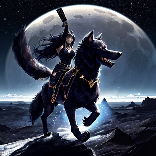 Prompt: Giant black wolf of the cosmos, chasing the moon, cosmic, stars, glitter, fantasy, beautiful