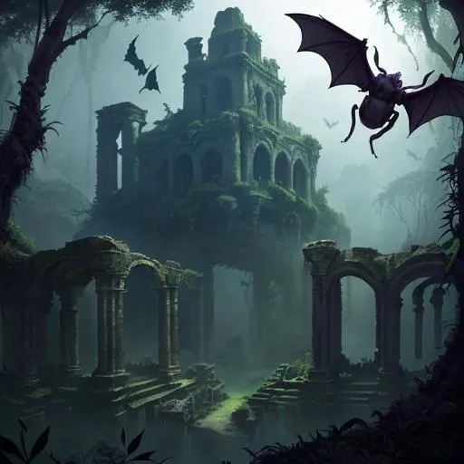 Prompt: Beautiful ancient ruin city in the jungles of Sothoryos with monstrous bats and huge moths, dark fantasy, fantastical, surreal, dreamy, dreamcore, twilight, Shadow depth, digital art, hyperdetailed, 