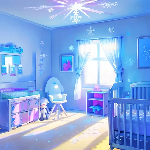 Prompt: Snowflake baby in nursery room, dream core, colourful, light dust