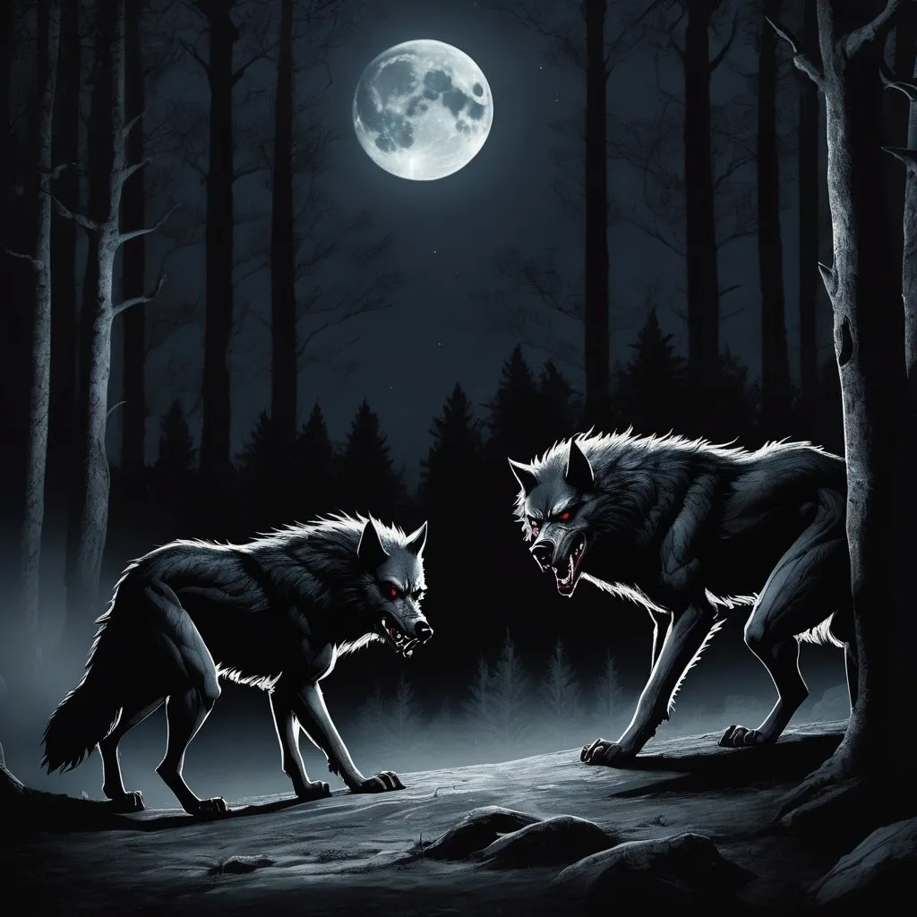 Prompt: Werewolves in the woods, night time, full moon. Dark Fantasy 