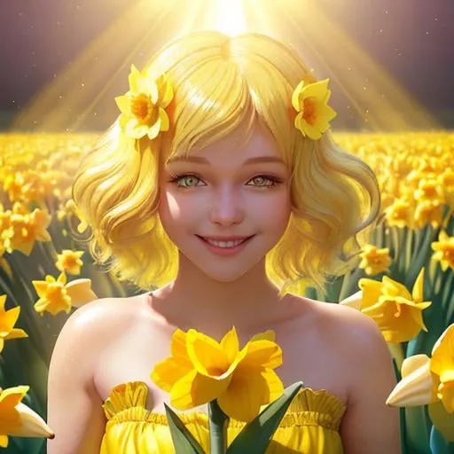 Prompt: Smiling daffodil girl in yellow petals and bright cheeks, blonde flower hair colourful, 3D hyperdetailed surreal sparkling light dust golden hour