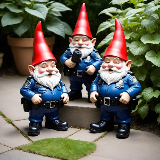 Prompt: Police arresting garden gnomes 