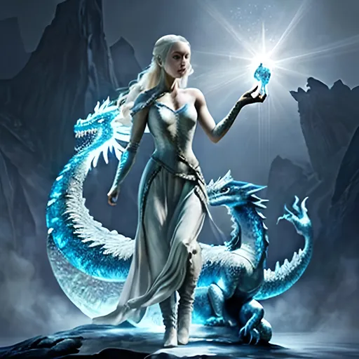 Prompt: Daenerys Targryen with a sparkling crystal ice dragon, photorealistic, fantasy, cool colours, Beautiful, light dust 
