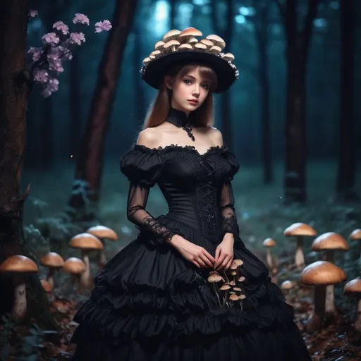 Prompt: Beautiful anime woman in black Victorian dress in a dark night forest with mushrooms and flowers, glitter, fantasy, beautiful