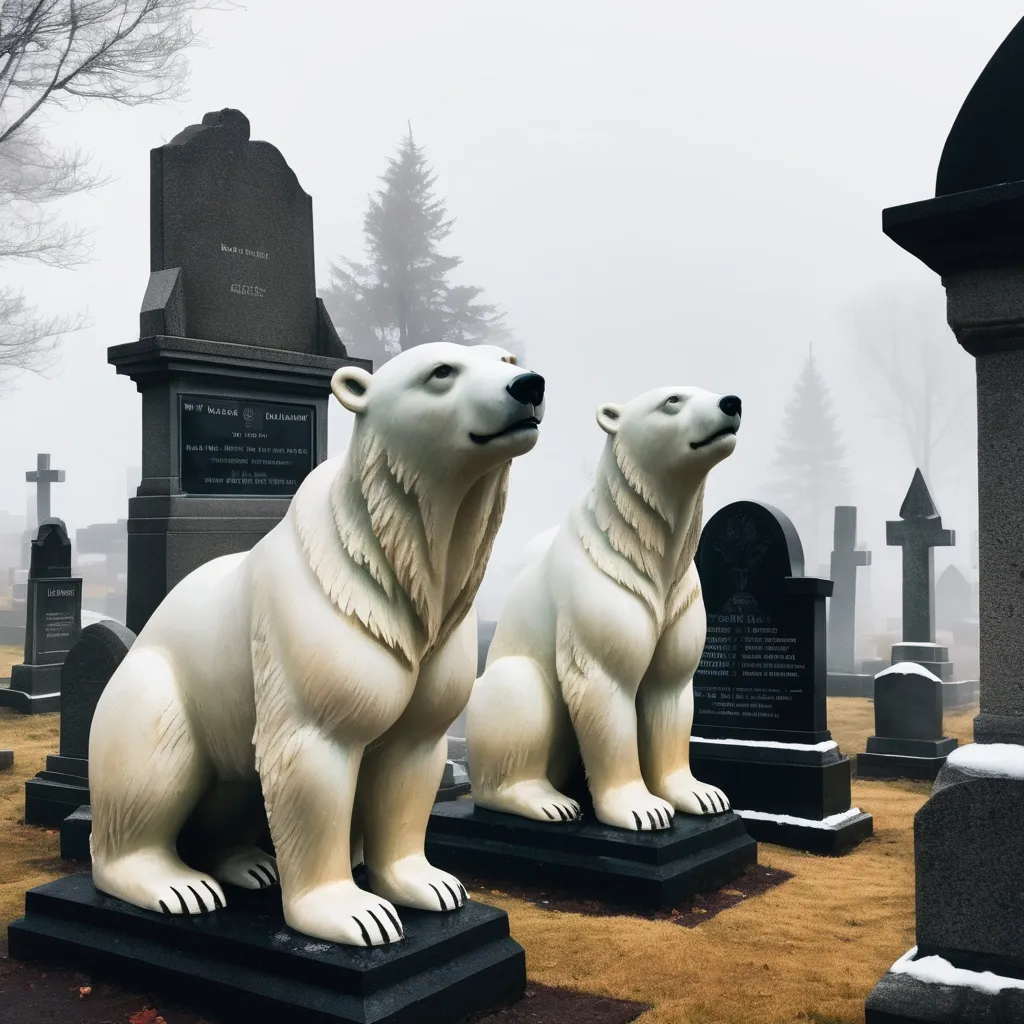 Prompt: Polar bears statues in graveyard with mist 