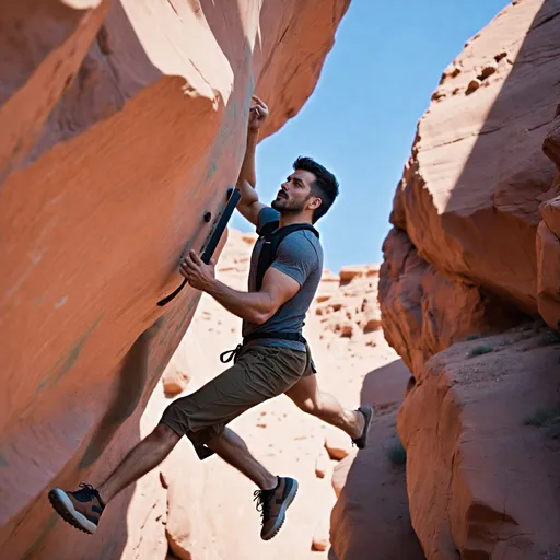 Prompt: (Young man bouldering with an acoustic guitar on his back), realistic activity pose, dynamic movement, canyon with red sandstone rocks, clear blue sky above, sunlight casting sharp shadows, realistic muscle details, rugged outdoor gear, worn climbing shoes, cool tones, determined facial expression, high-energy atmosphere, natural background, 4K, ultra-detailed, cinematic composition, vibrant colors, photorealistic, high-quality.