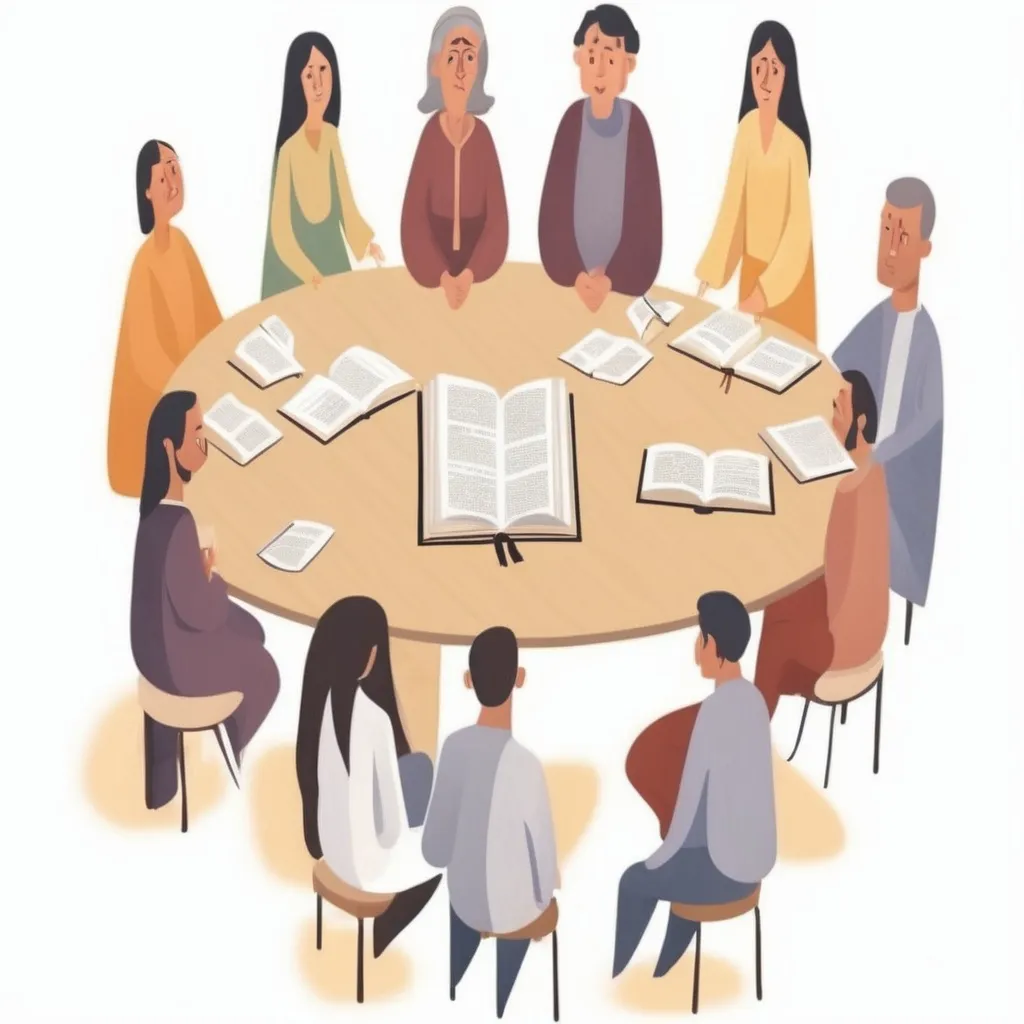 Prompt: Una imagen de un grupo de parejas 6 mujeres y 6 hombres personas sentadas alrededor de una mesa grande y redonda, cada pareja con biblias en la mesa. en la esquina derecha que salga una luz representando el Espiritu santo.