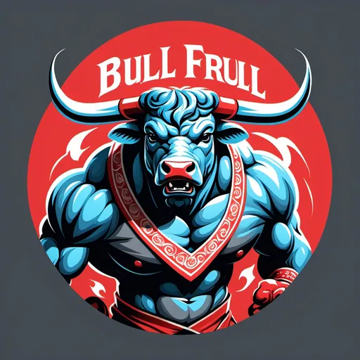 Prompt: Angry bull fighter logo, human legend body, dynamic pose, striking expression, intense emotions, beautifully crafted, premium quality, vibrant red, deep grey, and serene sky blue color palette, modern design, bold typography, powerful logo creation, intricate details, captivating masterpiece, visuals reflecting strength and determination, suitable for a stunning branding element.