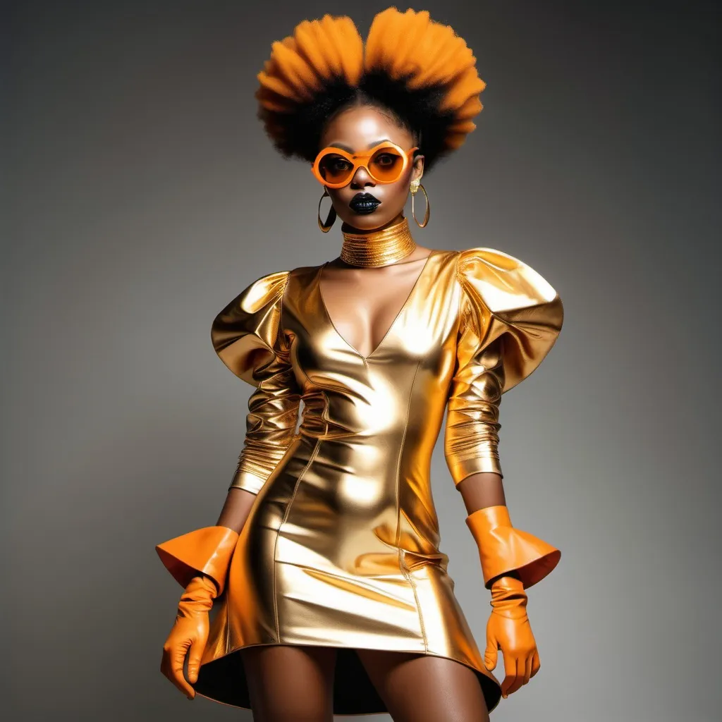 Prompt: Futurist Afro Punk woman dress in an intricate v neck designed dress with a high pointed exaggerated collar very detailed design in orange and gold, she is wearing gold leather gloves, wedge boots in gold. Hair in two afro puffs, wearing gold goggles with black lens.