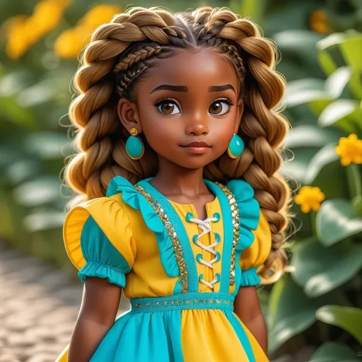Prompt: dark skinned little girl 6 years old, golden brown braided hair, mole on her cheek, dressed in a turquoise and yellow dress, bedazzled sneakers