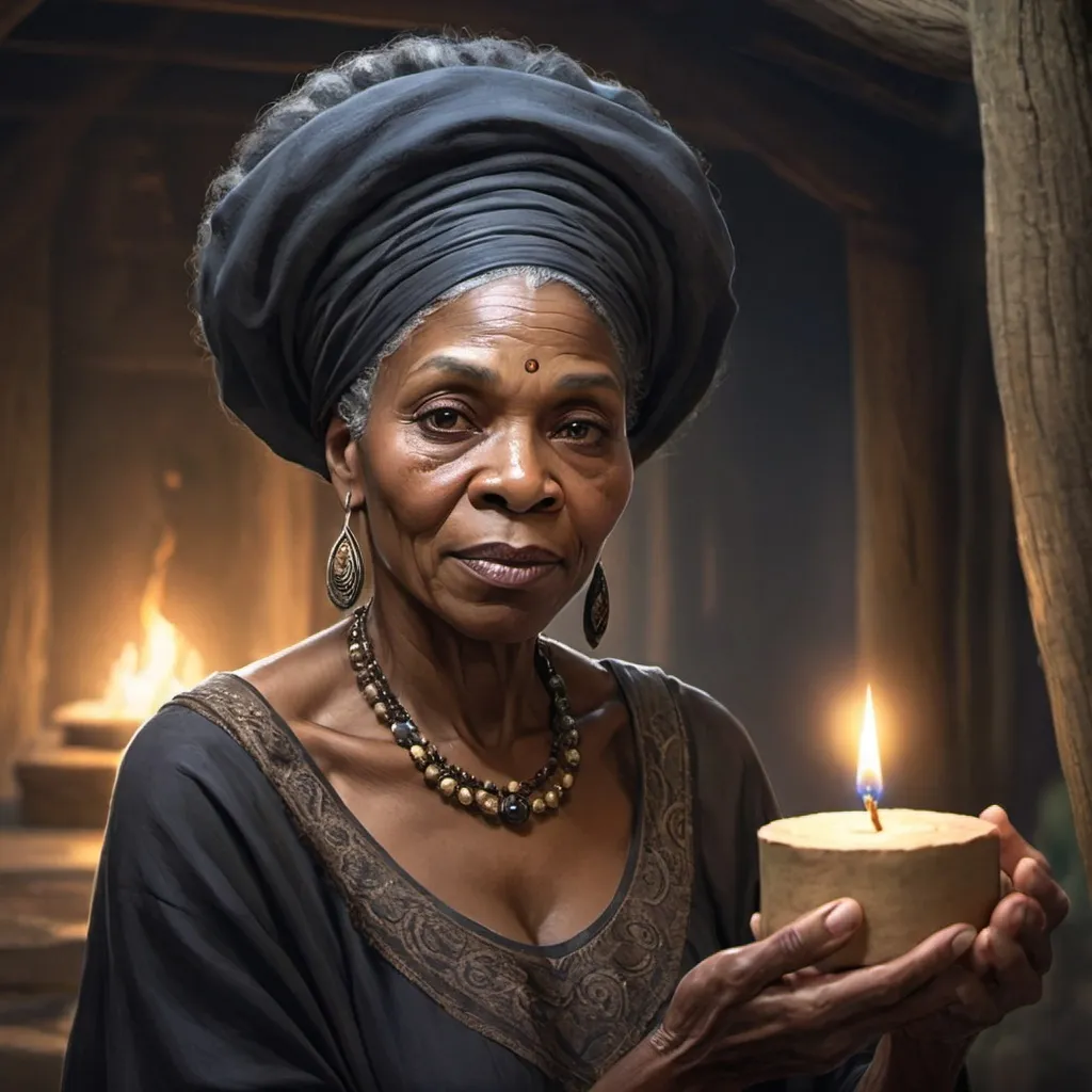 Prompt: a mysterious beautiful  old black woman appeared. She bestowed upon Shinda a special gift – the ability to make wishes come true. 