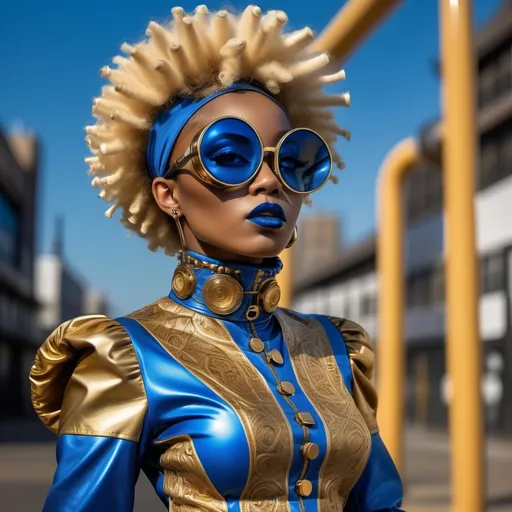 Prompt: Futurist Afro Punk woman dress in an intricate designed dress with a high collar very detailed design in electric blue, she is wearing gold leather gloves, wedge boots in gold and electric blue. Hair in two afro puffs, wearing gold goggles with black lens.