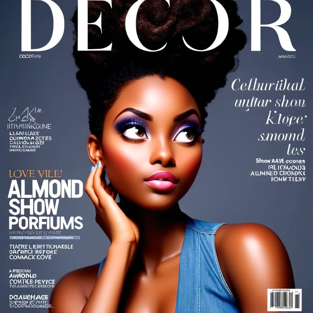 Prompt: African American woman with almond shape eyes, clean face, wearing a denim jumpsuit, Show her on the cover of Decor magazine