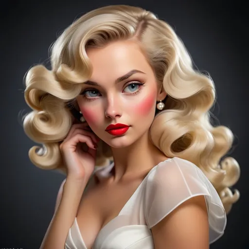 Prompt: Pretty foxy woman with honey blond long hair deep side part curled old hollywood glamour, beauty mark on right cheek bone, red lipstick, wearing white pear sweetheart sheer dress, shy face