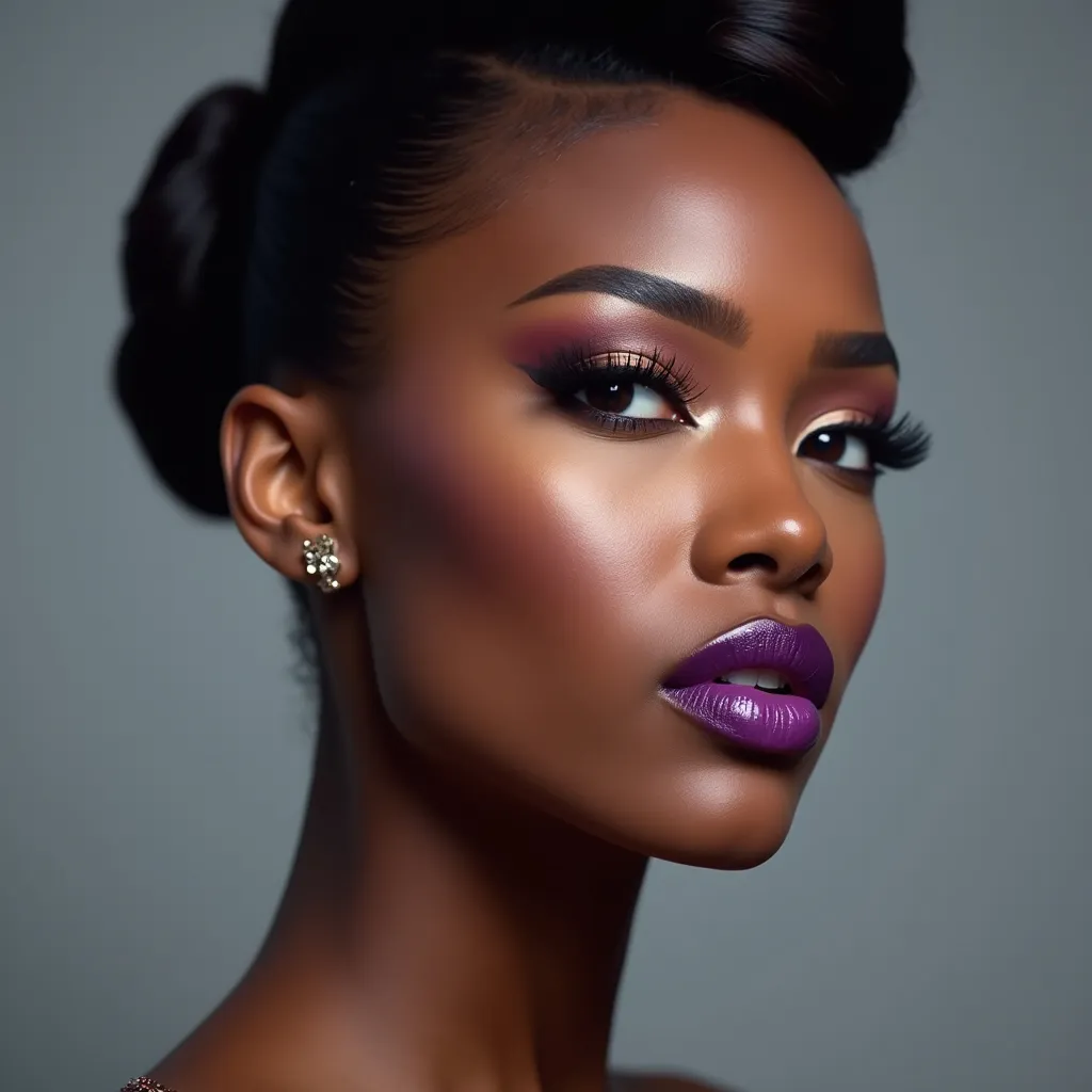 Prompt: African American woman with almond shape eyes wearing purple lipstick, hair slick in a high fashion bun. Smokey eyes makeup. Model campaign