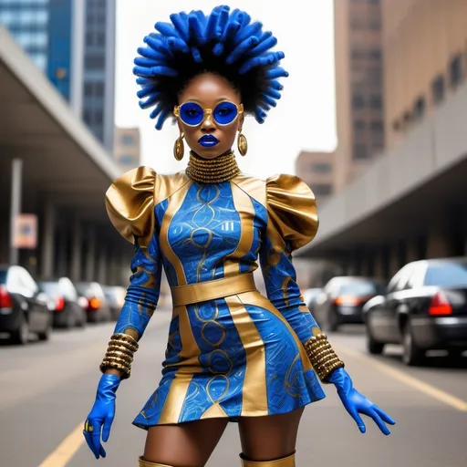 Prompt: Futurist Afro Punk woman dress in an intricate designed dress with a high collar very detailed design in electric blue, she is wearing gold leather gloves, wedge boots in gold and electric blue. Hair in two afro puffs, wearing gold goggles with black lens.