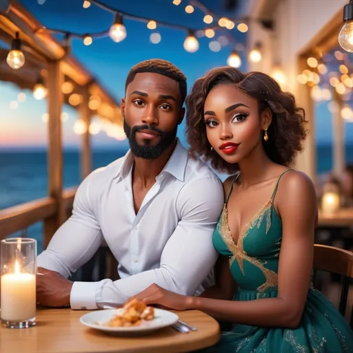 Prompt: create an image of a handsome black man with a  beard, well dress, athletic built, sitting at a restaurant with  his beautiful African girl friend. She had a beautiful face with full lips, almond shape eyes, nicely dress. backdrop is the sea, fairy lights.
