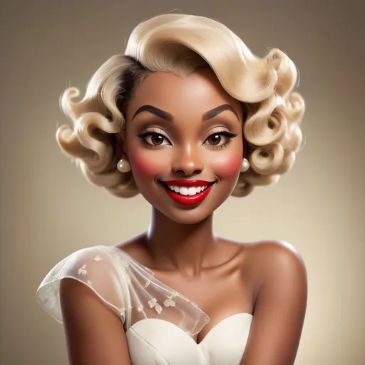 Prompt: Pretty foxy woman African American with honey blond short hair deep side part pin curl old Hollywood glamour, beauty mole on right cheek bone, lipstick, wearing white pear sweetheart sheer dress, smile. Full lips