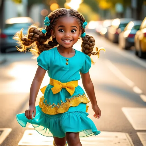 Prompt: dark skinned little girl 6 years old, golden brown braided hair, mole on her cheek, dressed in a turquoise and yellow dress, bedazzled sneakers running down the street, smiling