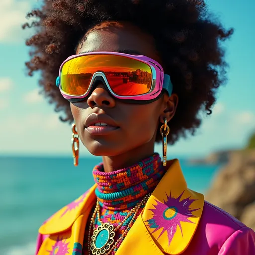 Prompt: African American woman wearing futuristic Afro punk cloths, goggle futuristic eye wear, bright vibrant colors.