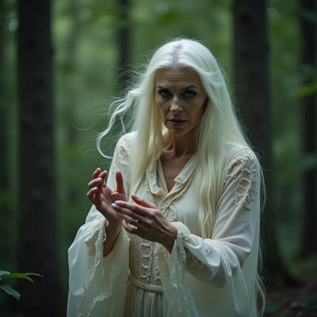 Prompt: Old white woman, mysterious, witchy, dressed in whimsical dress, in forest doing a magic spell