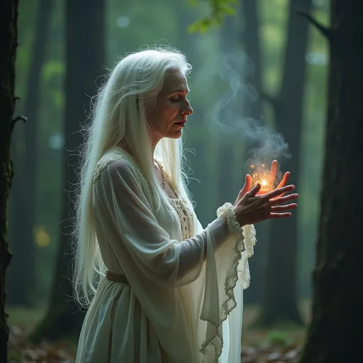 Prompt: Old white woman, mysterious, witchy, dressed in whimsical dress, in forest doing a magic spell