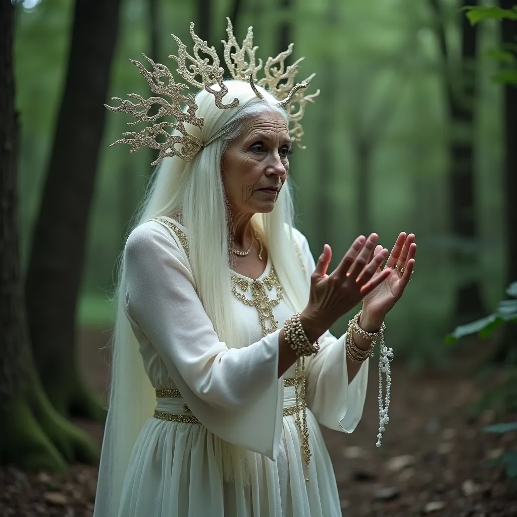 Prompt: Old white woman, mysterious, witchy, dressed in whimsical dress, in forest doing a magic spell, place an intricate head ornament on her