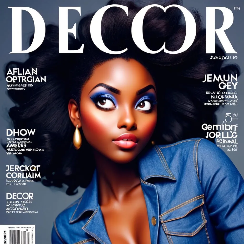 Prompt: African American woman with almond shape eyes, clean face, wearing a denim jumpsuit, Show her on the cover of Decor magazine