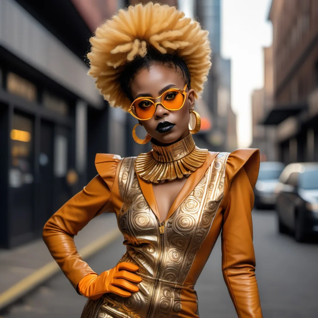 Prompt: Futurist Afro Punk woman dress in an intricate v neck designed dress with a high pointed exaggerated collar very detailed design in orange and gold, she is wearing gold leather gloves, wedge boots in gold. Hair in two afro puffs, wearing gold goggles with black lens.