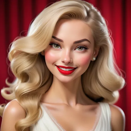 Prompt: Pretty foxy woman with honey blond long hair deep side part straight old hollywood glamour, beauty mark on right cheek bone, red lipstick, wearing white pear sweetheart sheer dress, sheepish smile