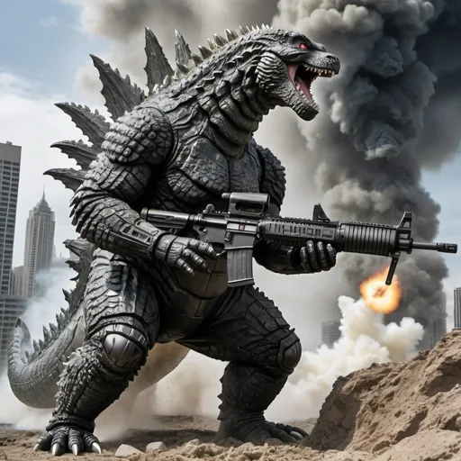 Prompt: Godzilla in tactical combat armor and shooting battle rifle