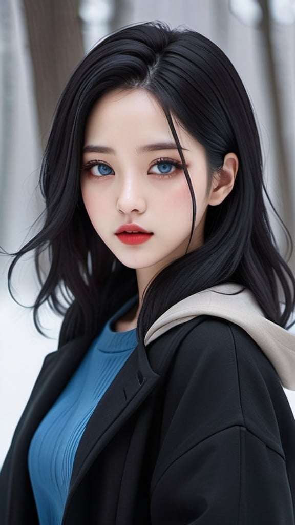 Prompt: korean kpop girl idol with blue eyes, red lips, shoulder-length dark black hair with blue highlights, wearing casual winter clothes, i can't believe how beautiful this is, in the style of black, feminine body, cg style