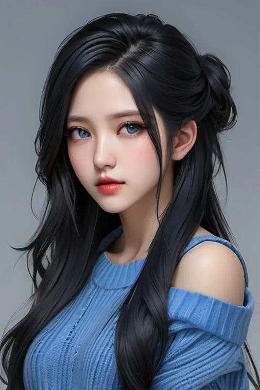 Prompt: Closeup of a korean final fantasy kpop girl idol with blue eyes, red lips, shoulder-length black hair with blue hair highlights, wool sweater, i can't believe how beautiful this is. Photo realistic Feminine face, highres