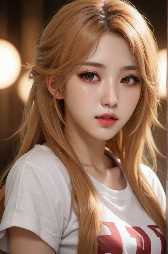 Prompt: Korean final fantasy kpop girl idol with red eyes, red lips, long golden blonde hair, dry skin, tshirt, feminine body, realistic skin, detailed eyes, highres, ultra-detailed, feminine, kpop, cosplay, brown hair, red lips, detailed eyes, cg style, beautiful, professional, atmospheric lighting