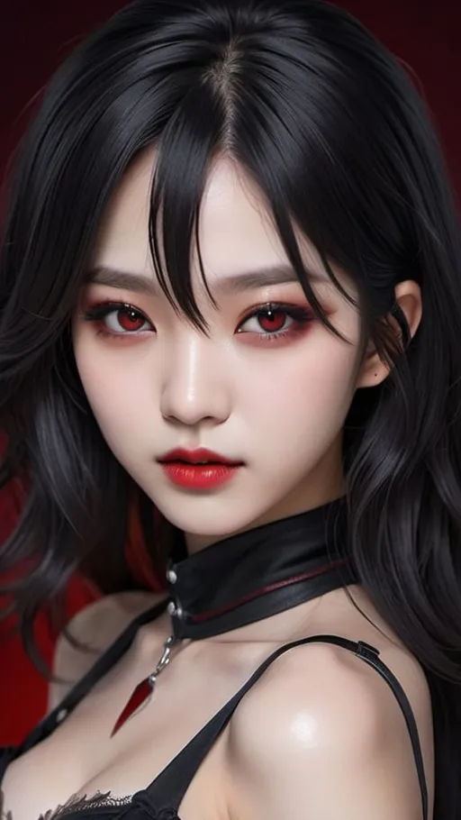Prompt: face close-up of a vampire korean kpop girl idol with red eyes, red lips, shoulder-length dark black hair with red highlights, i can't believe how beautiful this is, cosplaygirl, in the style of light silver and dark black, feminine body, cg style