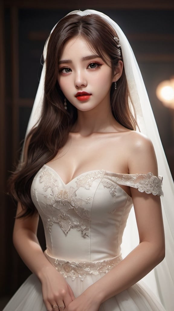 Prompt: full body Korean kpop girl idol with brown eyes, red lips, long dark brown hair, dry skin, feminine body, realistic skin, detailed eyes, wedding, highres, ultra-detailed, feminine, kpop, cosplay, brown hair, red lips, detailed eyes, cg style, beautiful, professional, atmospheric lighting