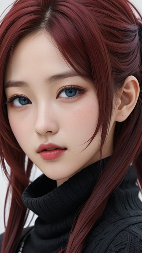 Prompt: Closeup of a korean final fantasy girl idol with blue eyes, red lips, shoulder-length dark red hair with black highlights, wool sweater, i can't believe how beautiful this is, in the style of red and dark black, feminine body