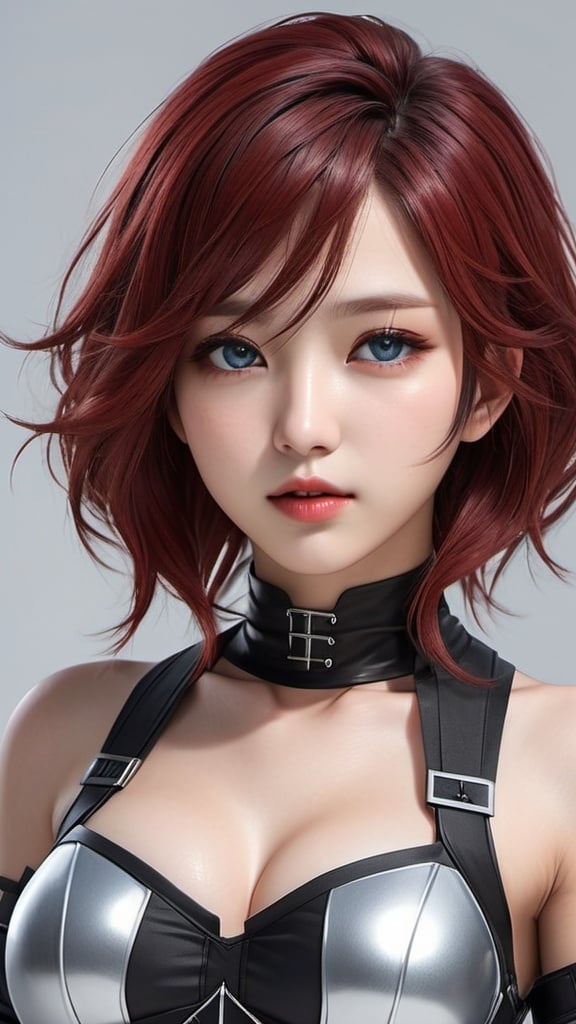 Prompt: Full body of a korean final fantasy kpop girl idol with blue eyes, red lips, shoulder-length dark red hair with black highlights, i can't believe how beautiful this is, in the style of light silver and dark black, feminine body, cg style