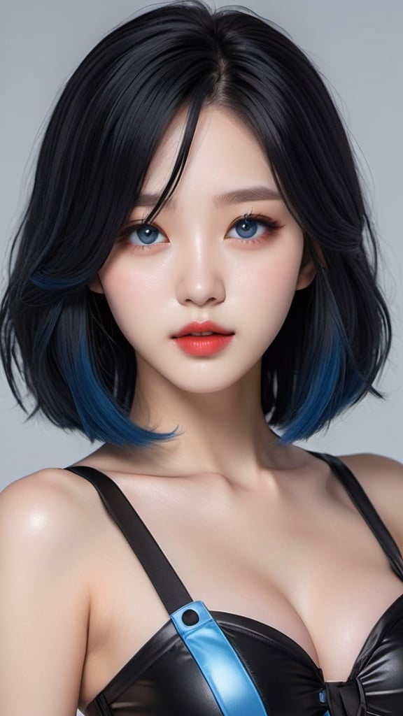 Prompt: close-up of a korean kpop girl idol with blue eyes, red lips, shoulder-length dark black hair with blue highlights, i can't believe how beautiful this is, cosplaygirl, in the style of light silver and dark black, feminine body, cg style