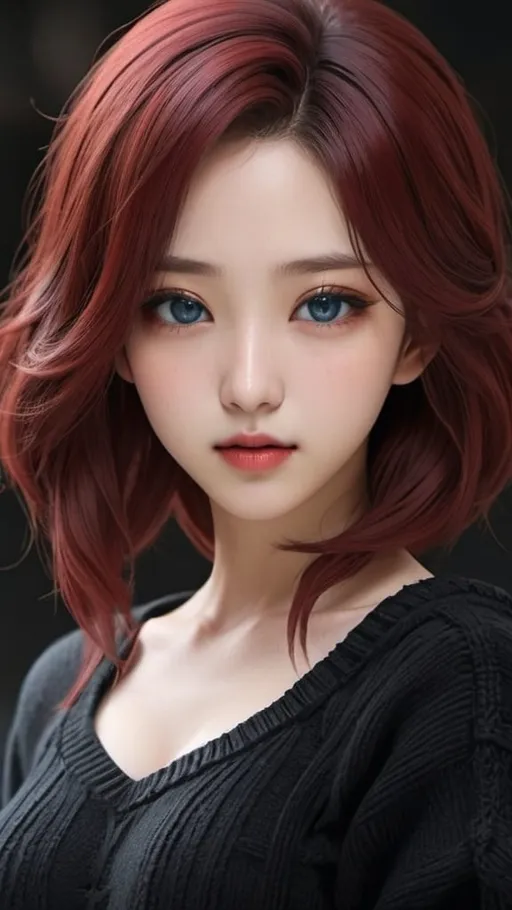 Prompt: Closeup of a korean final fantasy girl idol with blue eyes, red lips, shoulder-length dark red hair with black highlights, wool sweater, i can't believe how beautiful this is, in the style of red and dark black, feminine body