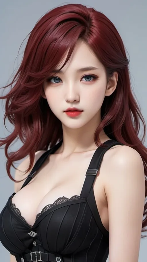 Prompt: Closeup of a korean final fantasy girl idol with blue eyes, red lips, shoulder-length dark red hair with black highlights, wool, i can't believe how beautiful this is, in the style of red and dark black, feminine body